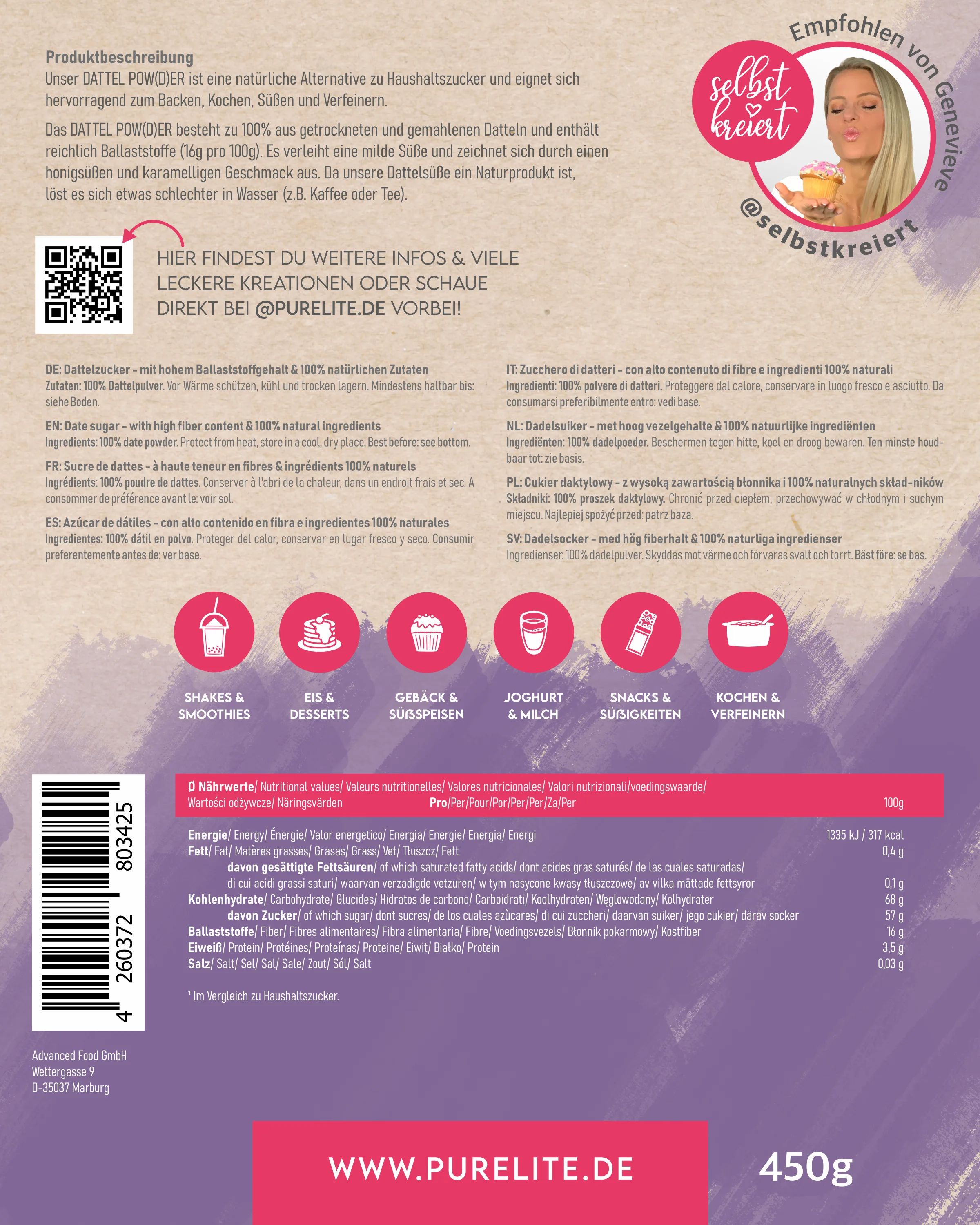 Verpackung PURELITE Dattelzucker. Rückseite mit Produktinformationen, QR-Code und Nährwertangaben. 450g Packung.