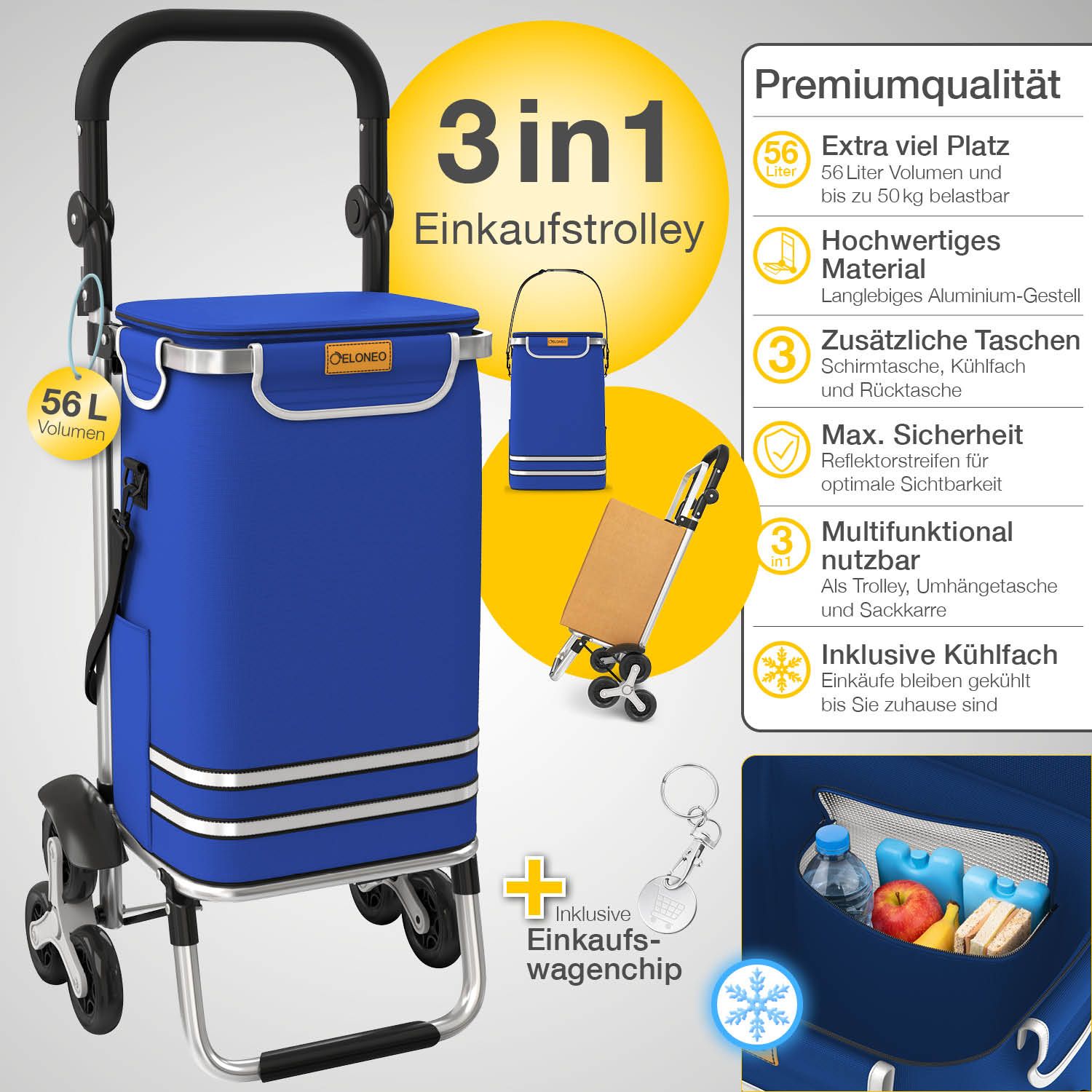 ELONEO Einkaufstrolley Treppensteiger mit Kühlfach
