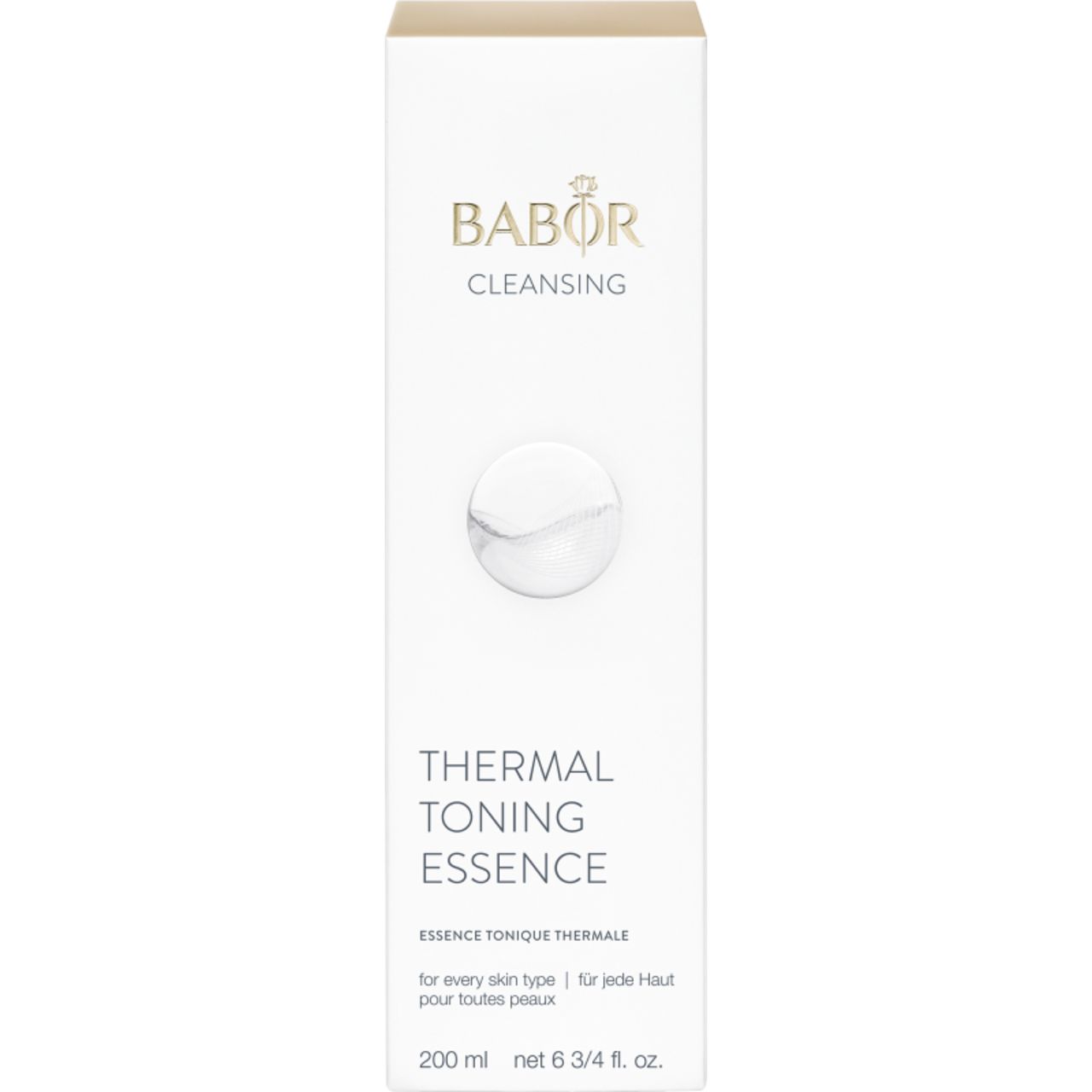 Babor Cleansing Thermal Toning Essence. Verpackung. Text: Thermal Toning Essence, Cleansing. Für jeden Hauttyp. 200 ml. Farben: Weiß, Beige.