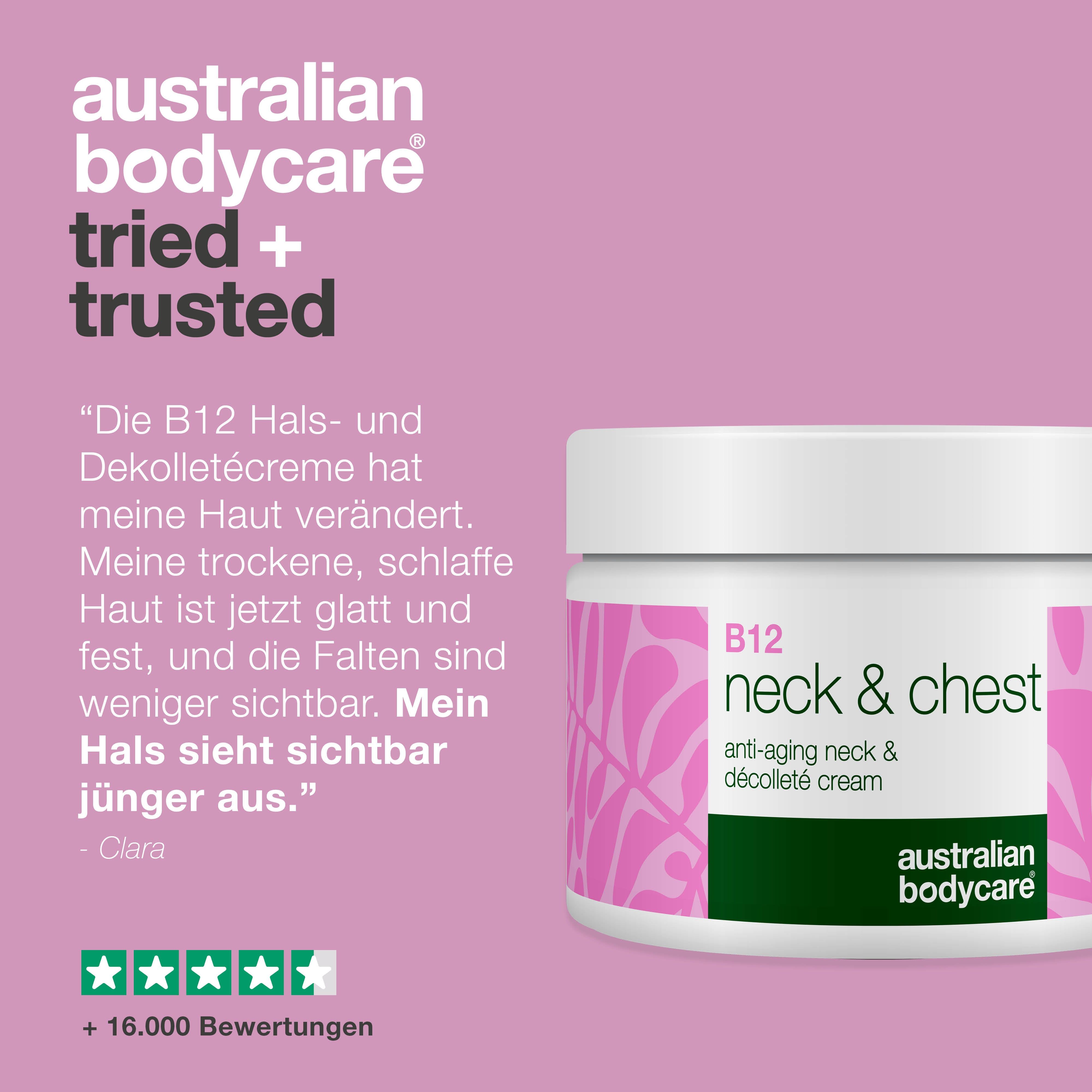 Produkt mit Text. Aufschrift: B12 neck & chest, anti-aging cream. Australian Bodycare Logo. Zitat.