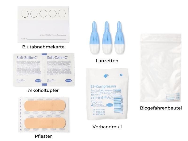 Blutentnahmekarte, Alkoholtupfer, Lanzetten, Pflaster, Verbandmull, Biogefahrenbeutel. Medizinische Testkomponenten.