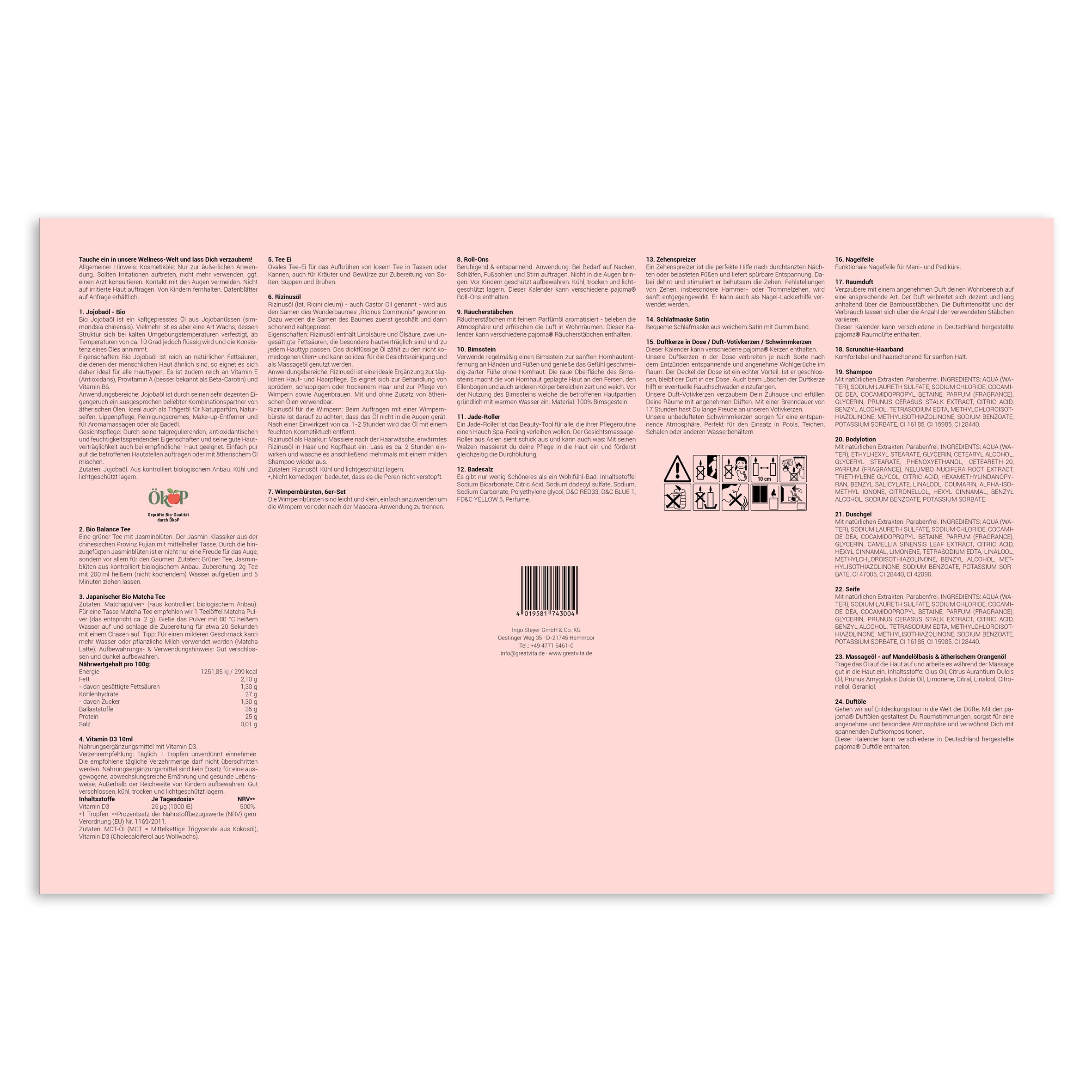 Rückseite der Produktverpackung. Text in mehreren Sprachen, Barcode, Logos und Piktogramme.