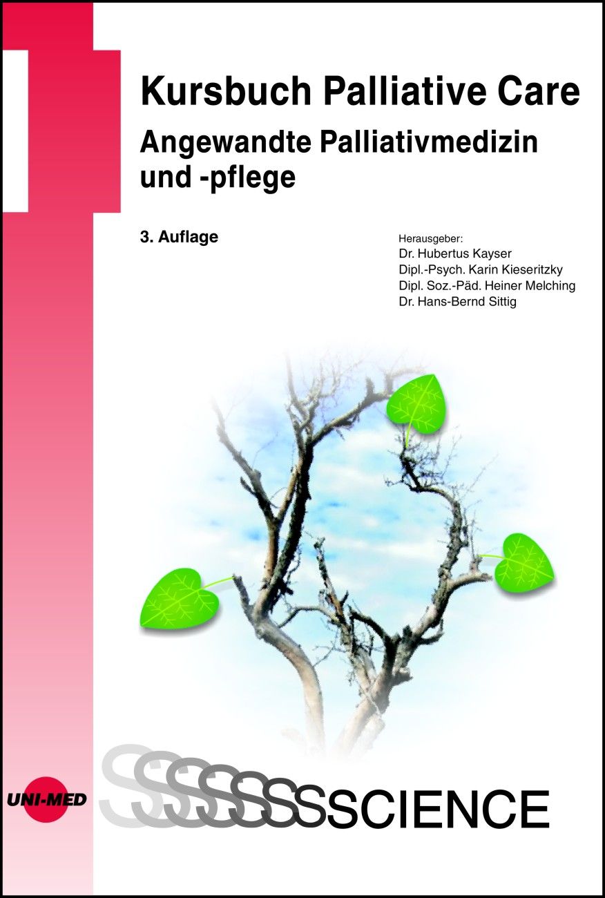 Buchcover: Kursbuch Palliative Care. Titel, Autoren, 3. Auflage. Baum mit Blättern, Himmel. Logo Uni-Med, Science.