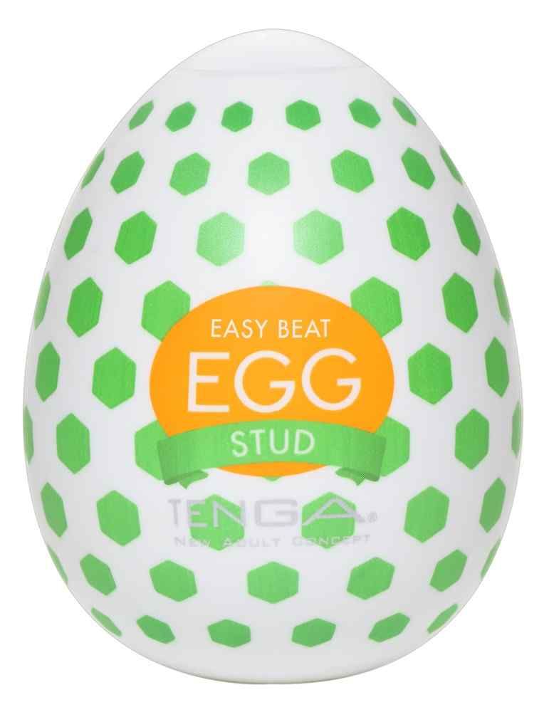 Weißes Ei mit grünem sechseckigen Muster. Aufkleber mit Text: EASY BEAT EGG STUD. Marke: TENGA.