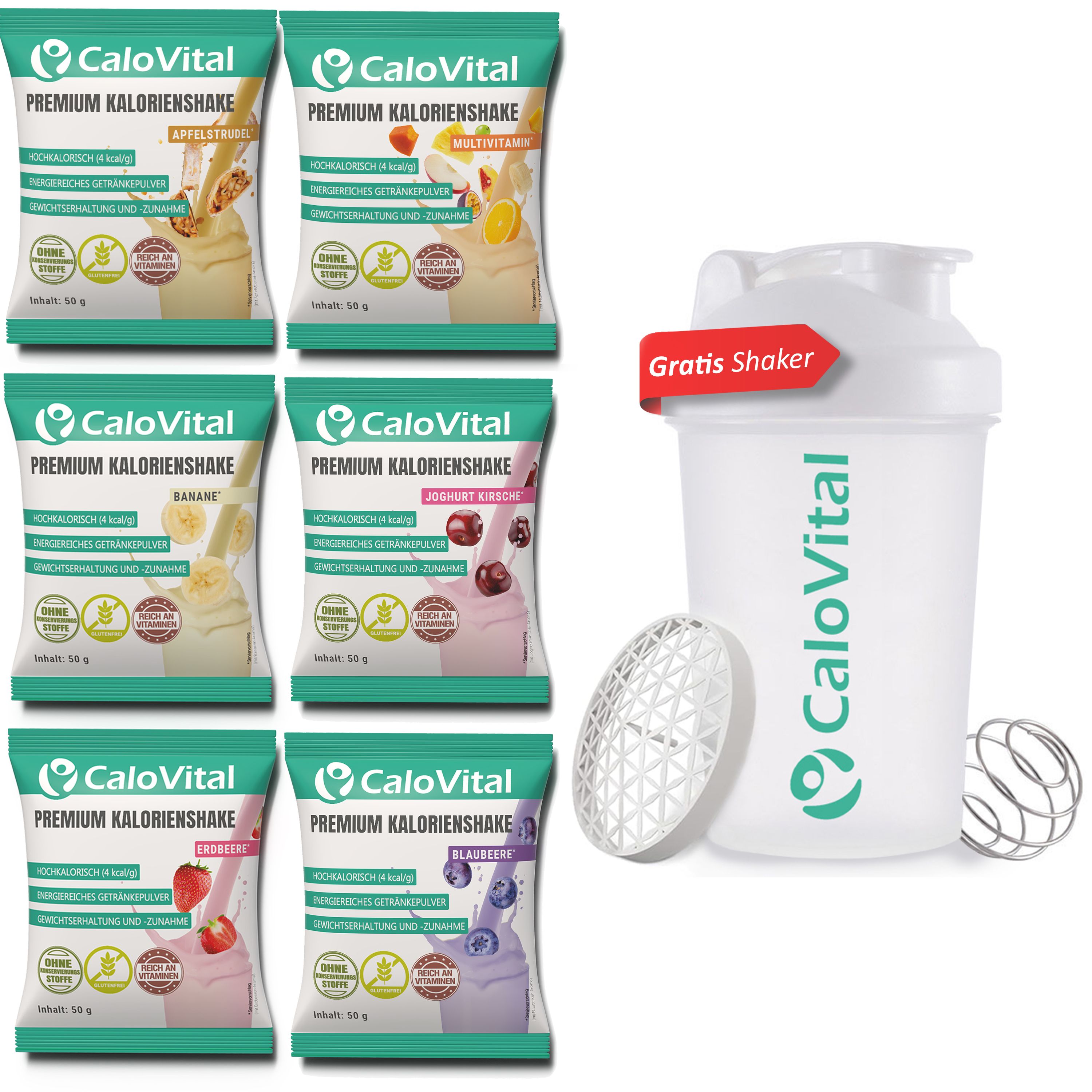 6 Beutel CaloVital Premium Kalorienshake in verschiedenen Geschmacksrichtungen und ein Shaker mit Zubehör. Aufschrift: Gratis Shaker.