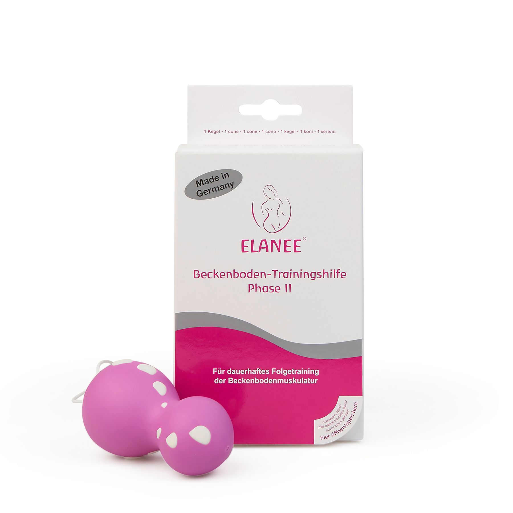 Rosa Beckenboden-Trainingshilfe mit weißem Muster und Verpackung. Aufschrift: ELANEE® Beckenboden-Trainingshilfe Phase II. Made in Germany.