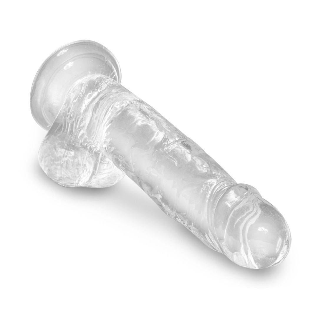 Transparenter Dildo mit Saugnapf. Schrägansicht. Längliche Form mit erhabenen Details. Basis mit Saugnapf.