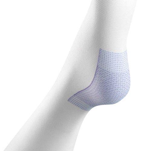 Detailansicht einer weißen Kompressionssocke mit einem blauen, punktierten Fersenbereich.