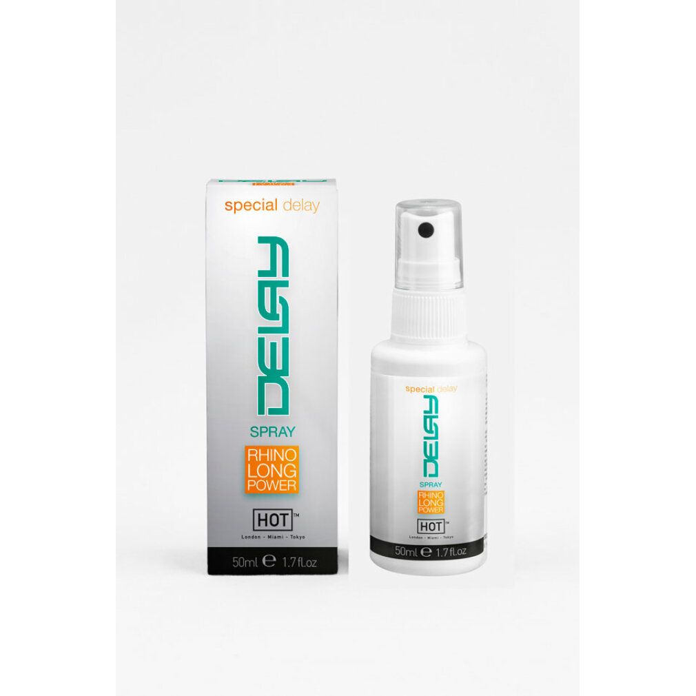 Produktverpackung: Weiße Sprühflasche und Schachtel. "DELAY SPRAY" und "RHINO LONG POWER" sind sichtbar.