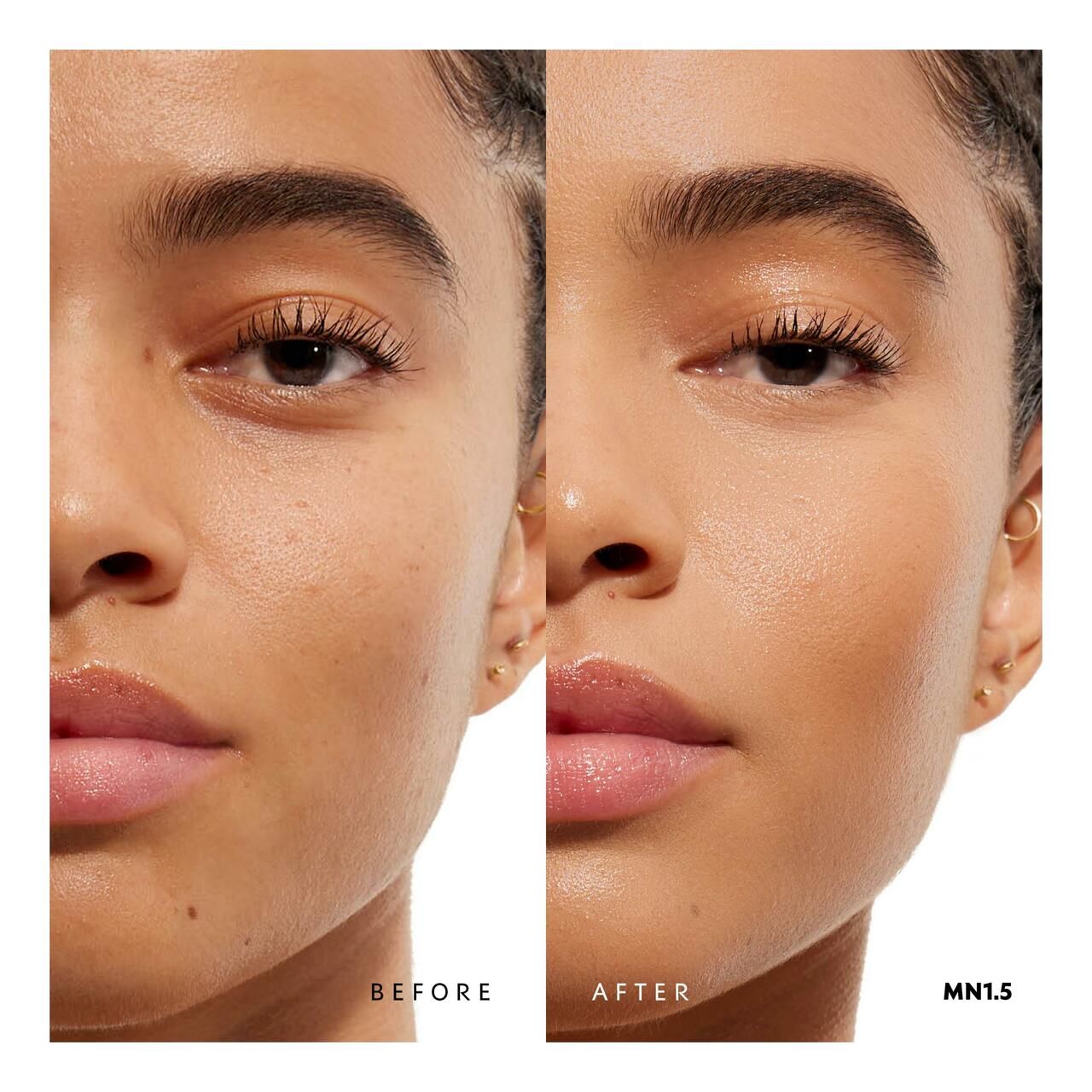 Gesicht einer Frau, links ohne Make-up, rechts mit Make-up. Der Teint wirkt ebenmäßiger und strahlender.