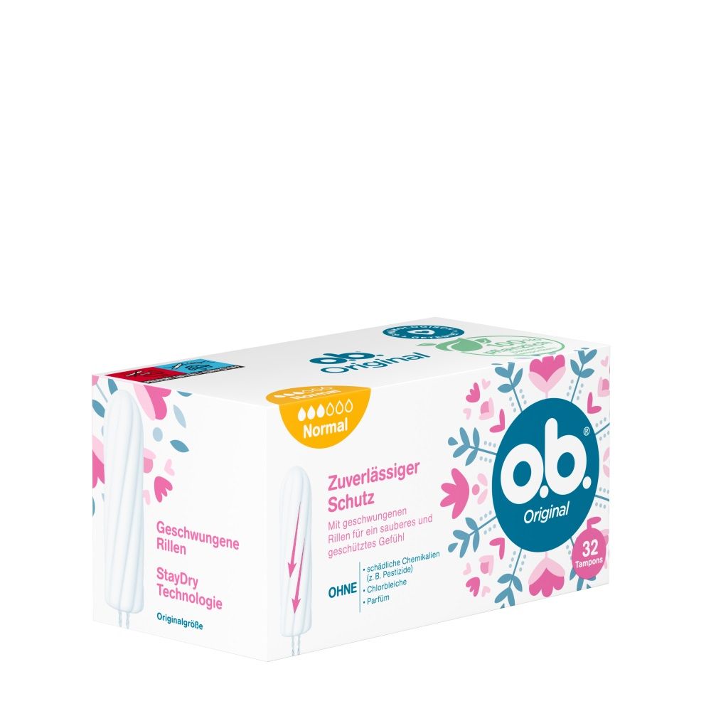 Weißer Tampon mit gewellten Rillen. Text: Zuverlässiger Schutz. o.b.® Logo.