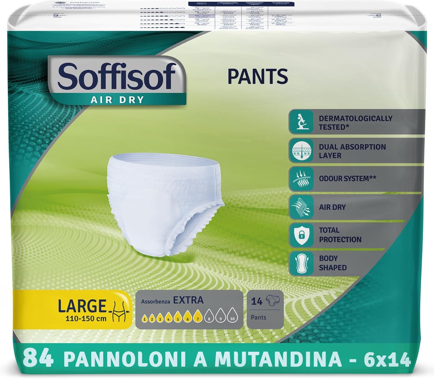 Soffisof Pants Extra incontinentiebroekjes. Witte broekjes, maat L, 110-150 cm. 14 stuks. Verpakking met kenmerken.