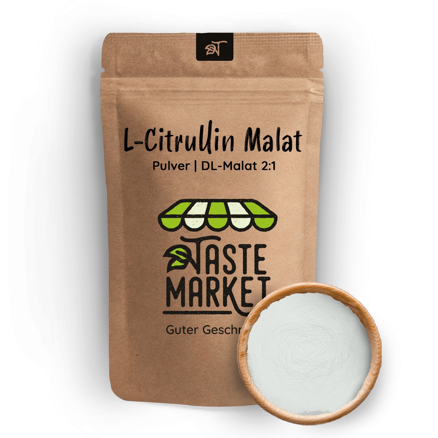 Brauner Beutel mit L-Citrullin Malat Pulver. Darunter eine Holzschale mit weißem Pulver. Text: L-Citrullin Malat, Pulver, Guter Geschmack.