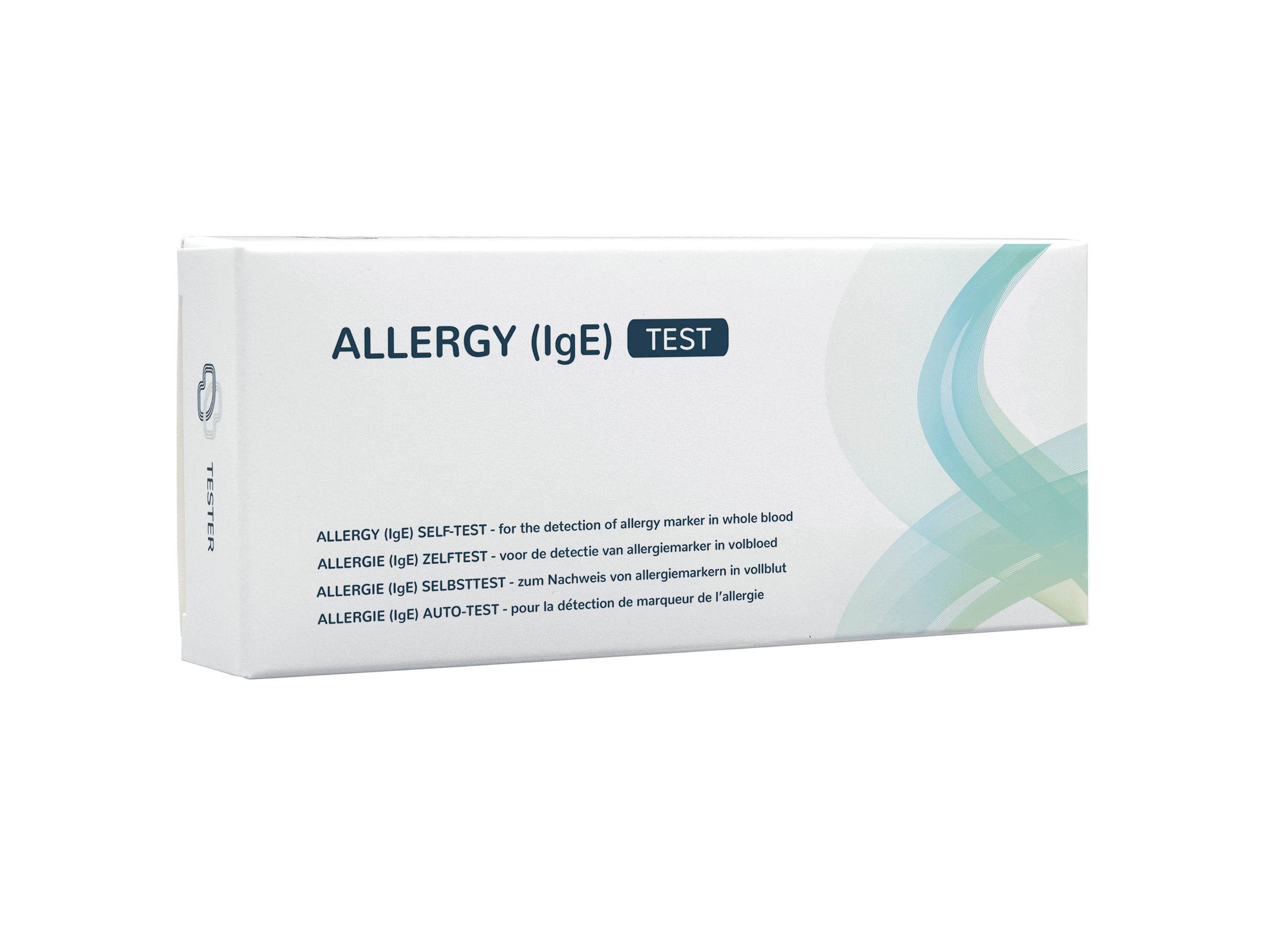 Verpackung des Allergy (IgE) TEST mit mehrsprachigen Produktinformationen.