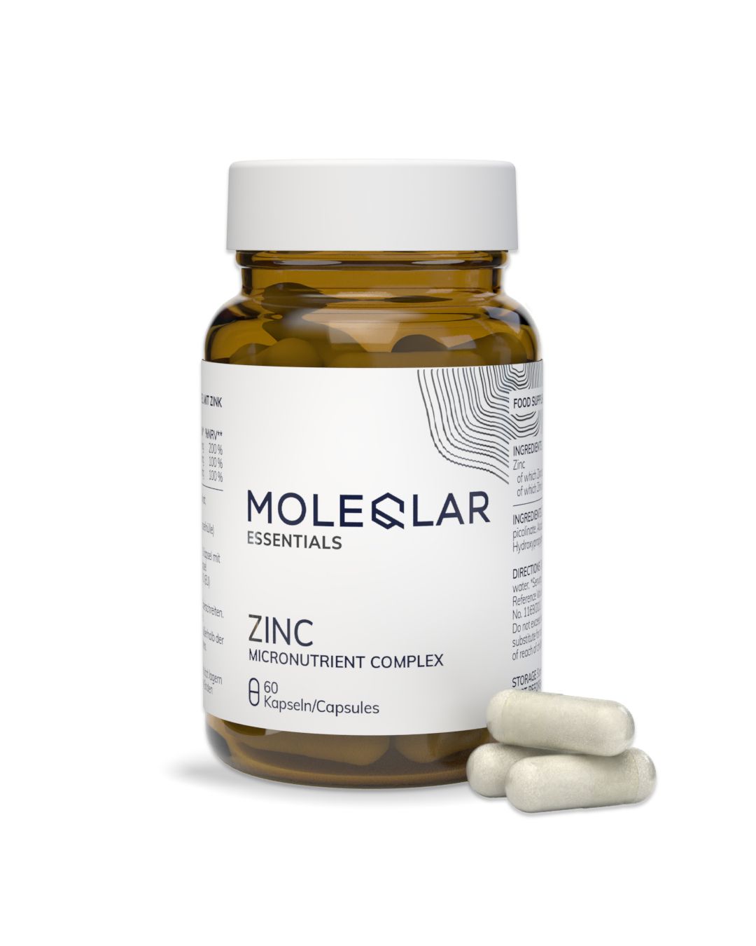 Braune Glasflasche mit weißem Deckel, beschriftet mit "MOLEQULAR ESSENTIALS ZINC MICRONUTRIENT COMPLEX 60 Kapseln/Capsules". Drei Kapseln liegen daneben.