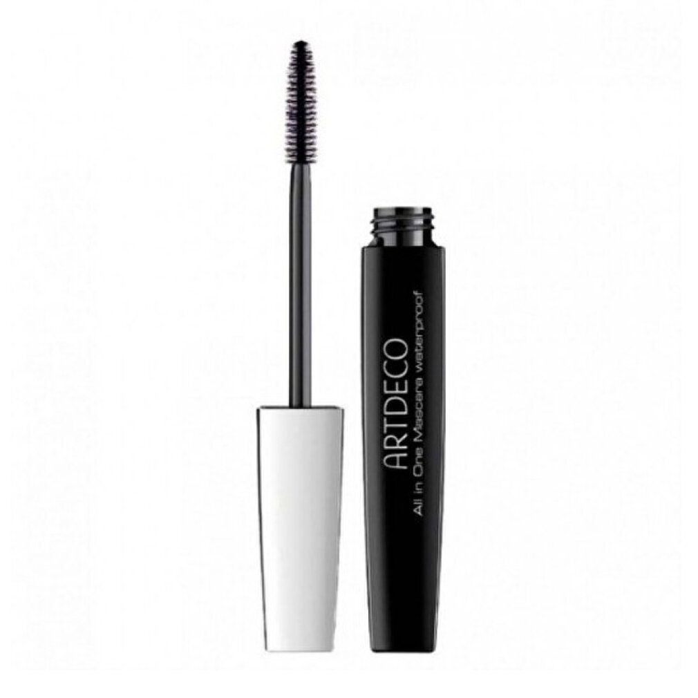 Schwarze Mascara-Tube mit geöffnetem Deckel und Bürste. Aufschrift: ARTDECO All in One Mascara waterproof.