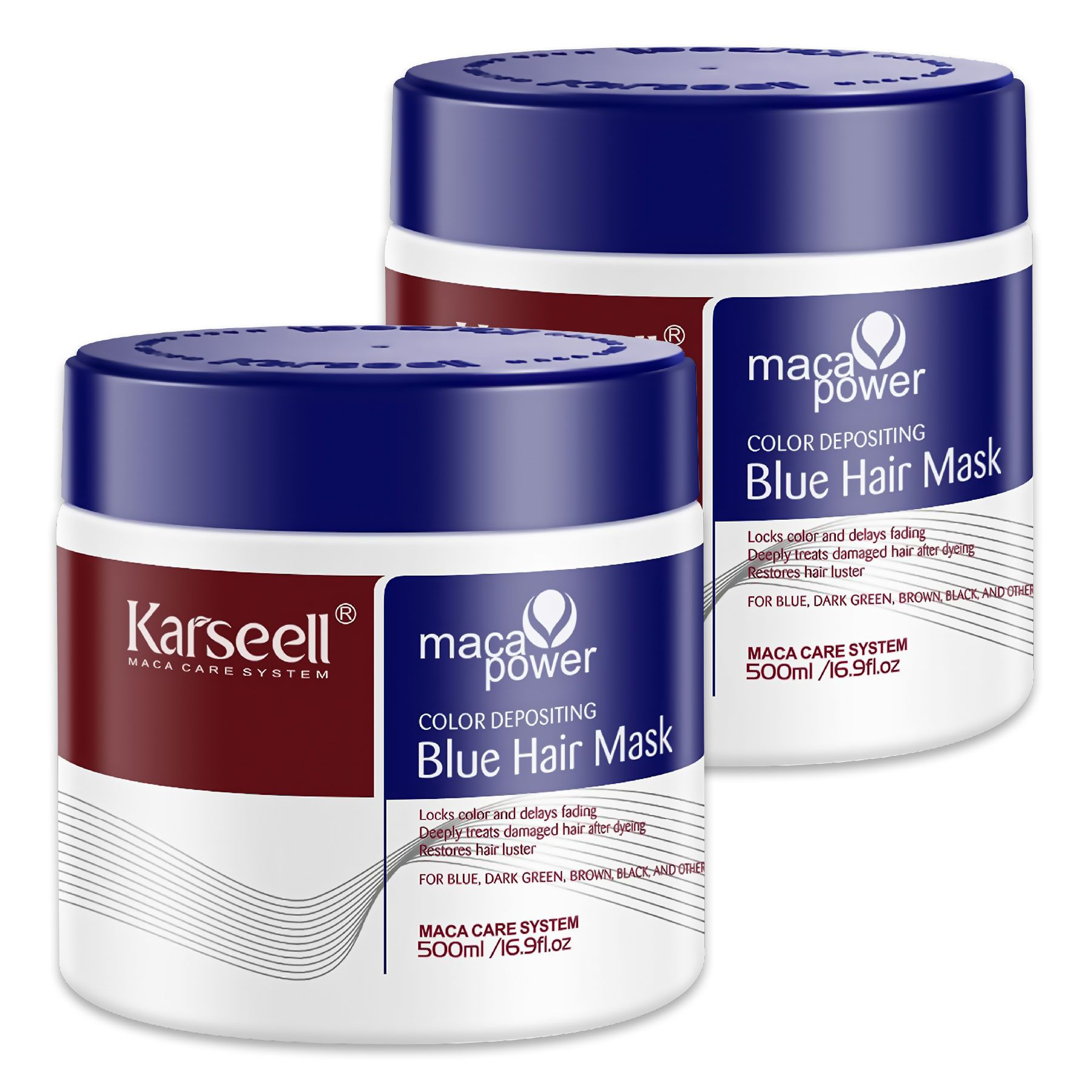 Zwei Dosen des Produkts. Text: Karseell maca power Color Depositing Blue Hair Mask. 500ml/16.9 fl oz.