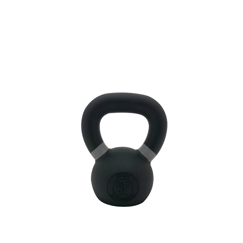 Schwarze Gusseisen Kettlebell mit grauem Griff. Runde Form, Griff oben. Logo auf der Vorderseite.