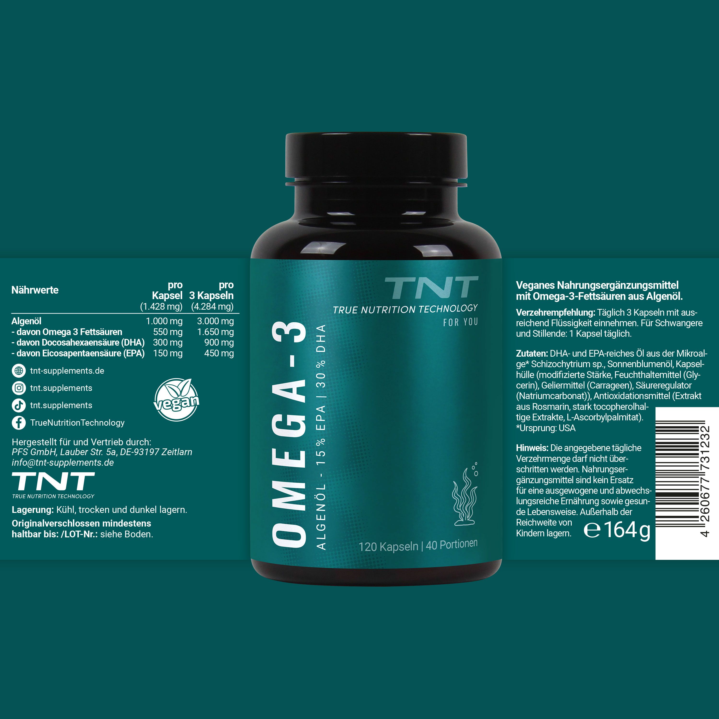 Rückseite der Flasche TNT Omega-3 Algenöl Kapseln mit Nährwertangaben und Zertifikaten.