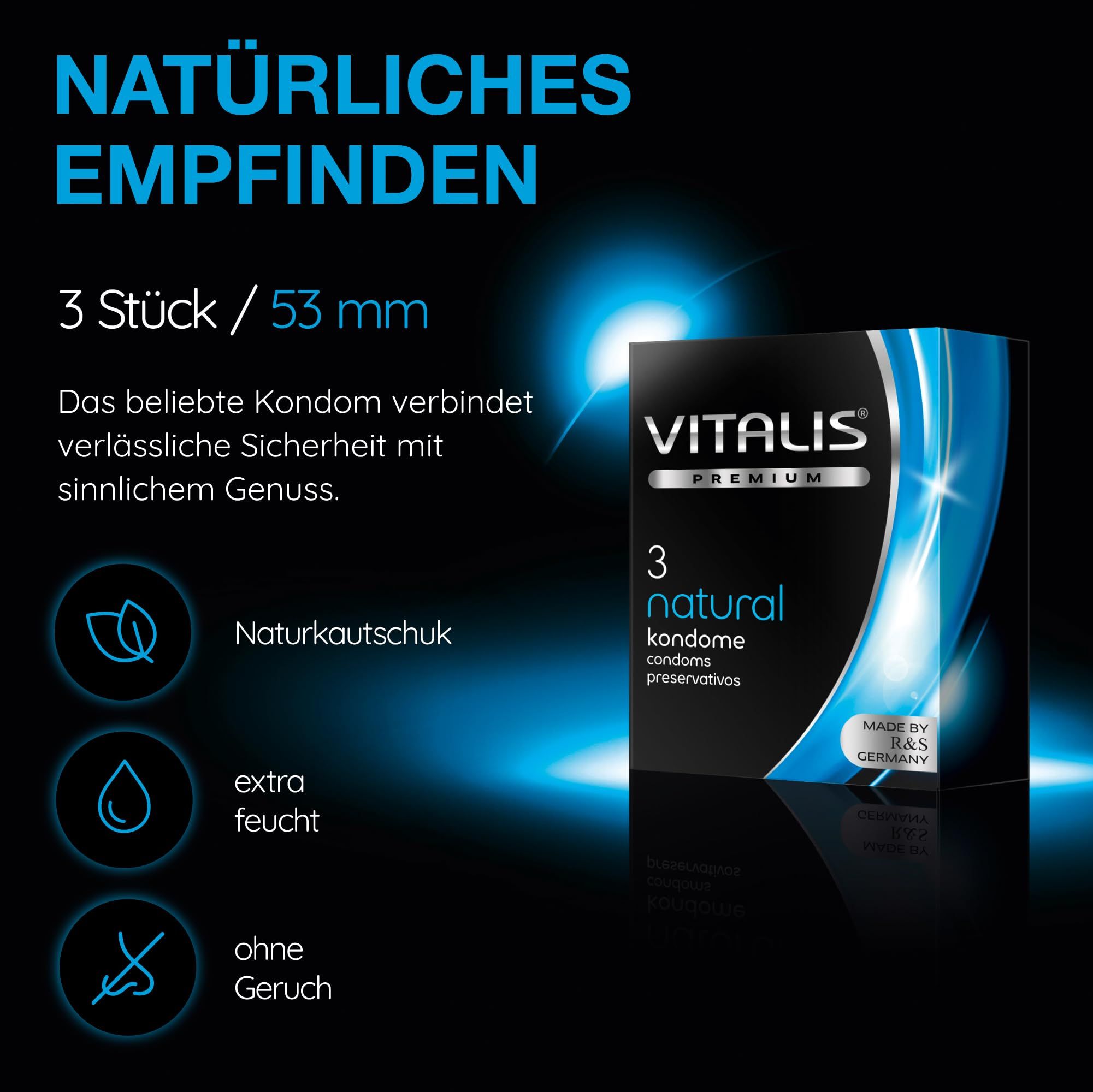 Vitalis PREMIUM Natural: 3 Stück, 53 mm. Naturkautschuk, extra feucht, geruchlos.