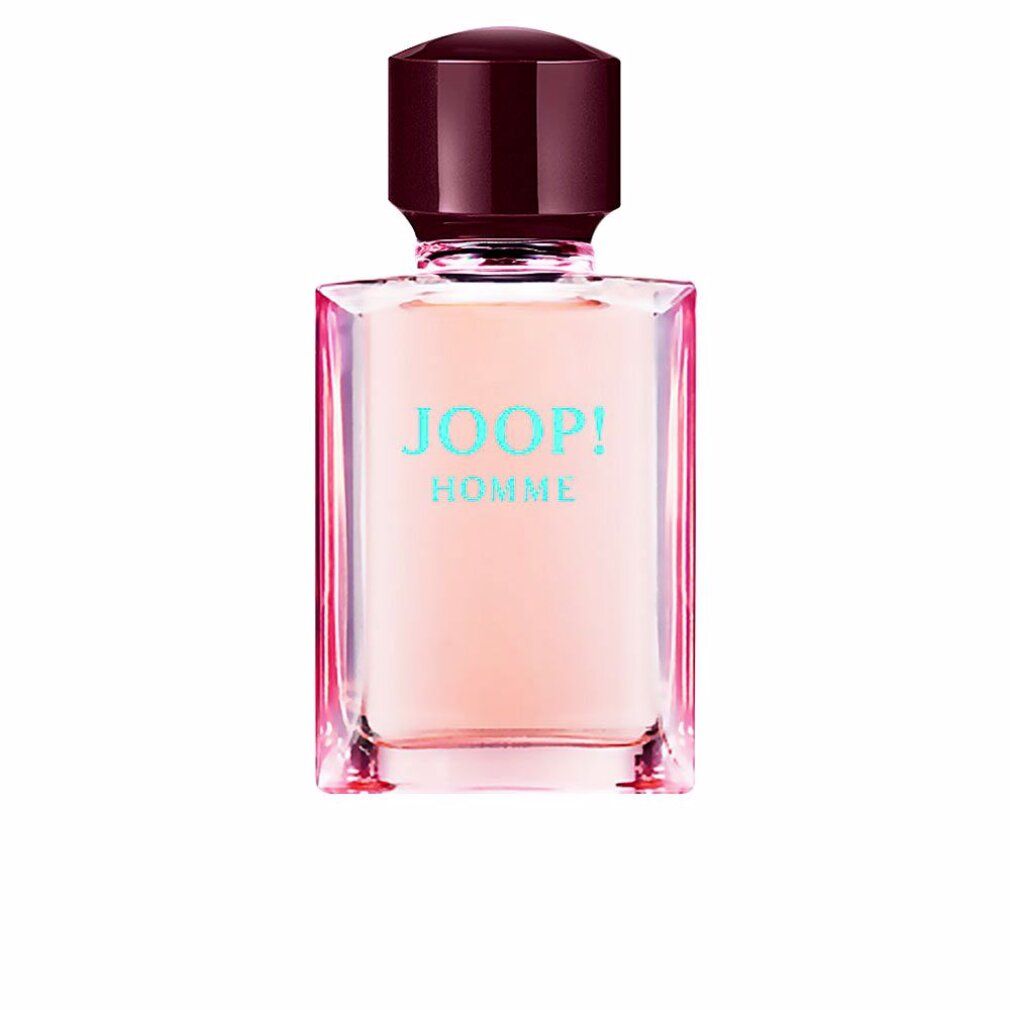 Joop! Homme Deodorant Spray Flakon. Rechteckige Form, rosa Flüssigkeit, brauner Deckel. Schriftzug JOOP! HOMME.