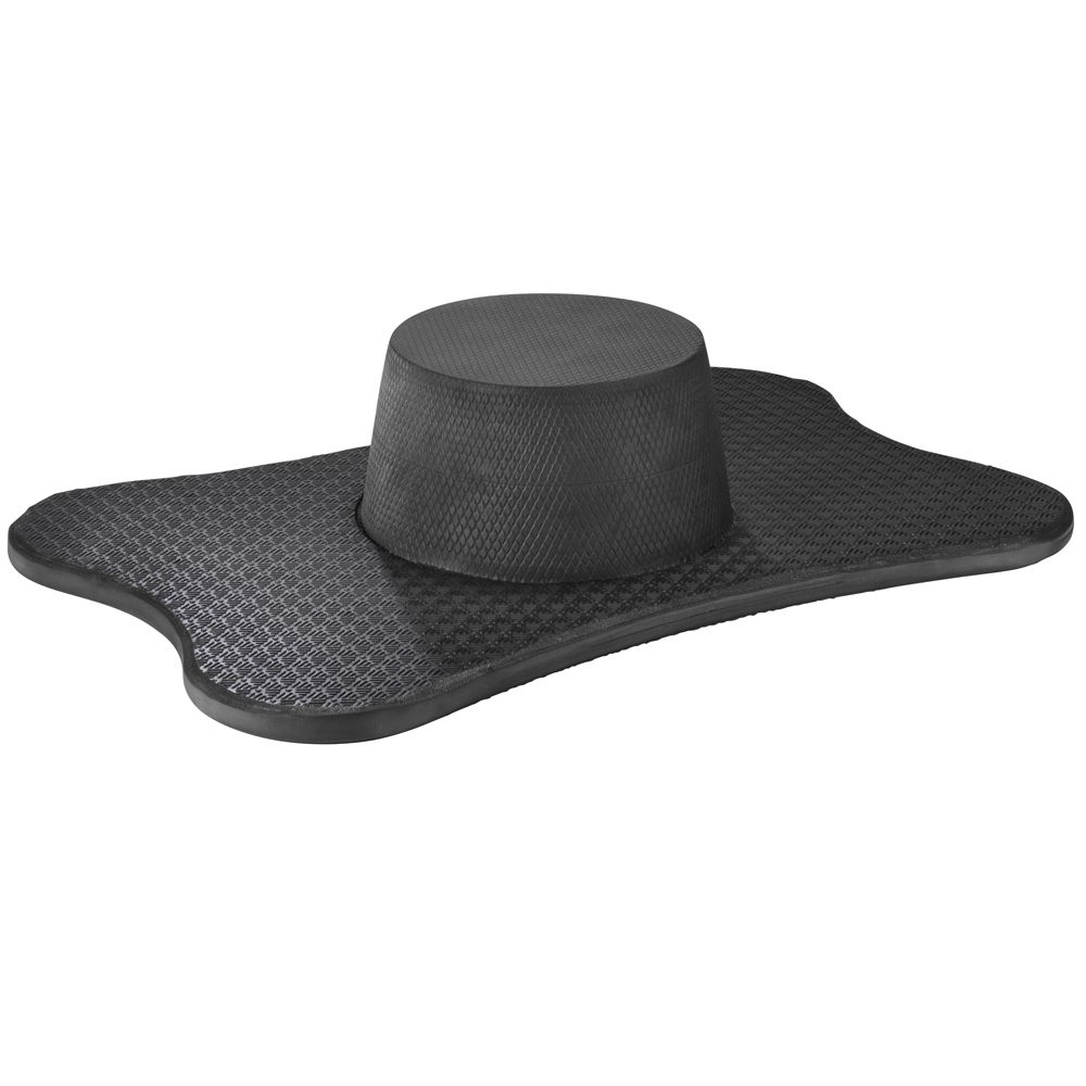Schwarzes Balance Board mit schwarzem Zylinder. Ovale Form mit gewellter Oberfläche. Zylinder in der Mitte platziert.