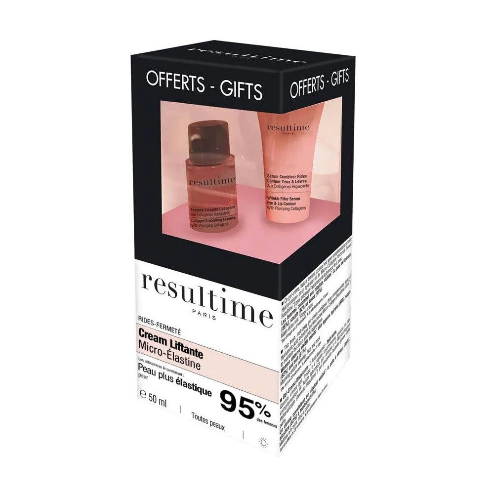 Geschenkset mit zwei Resultime-Produkten in schwarzer Verpackung. Sichtbar: Flasche und Tube. Text: "Micro-Elastine".