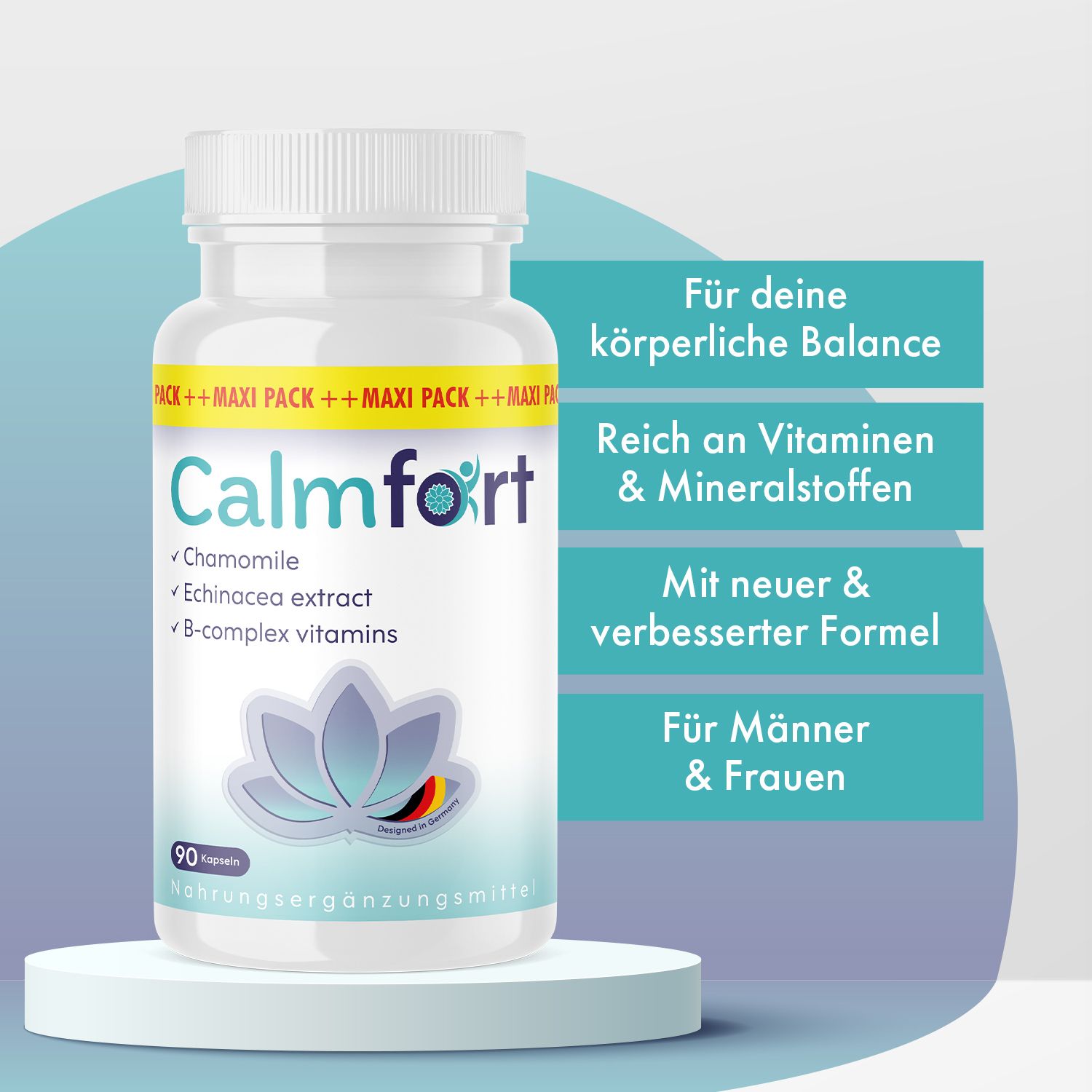Weißes Pillenglas mit Kapseln. Aufschrift Calmfort, Kamille, Echinacea, B-Vitamine. Aufschrift: Für deine körperliche Balance, reich an Vitaminen.