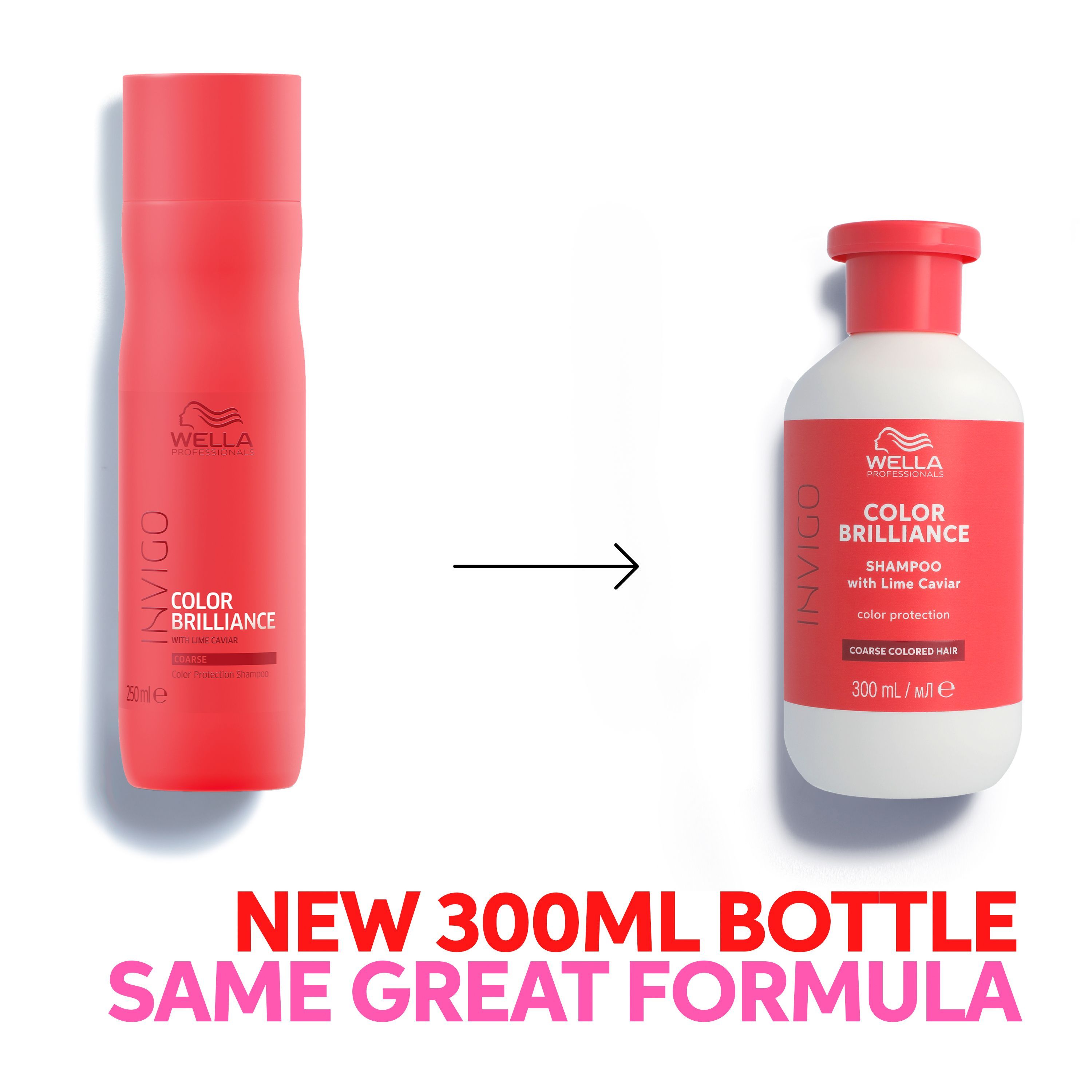 Wella Invigo Color Brilliance Shampoo. Neue 300ml Flasche, gleiche Formel. Rote Flasche mit weißem Deckel. Pfeil zeigt auf neues Design.