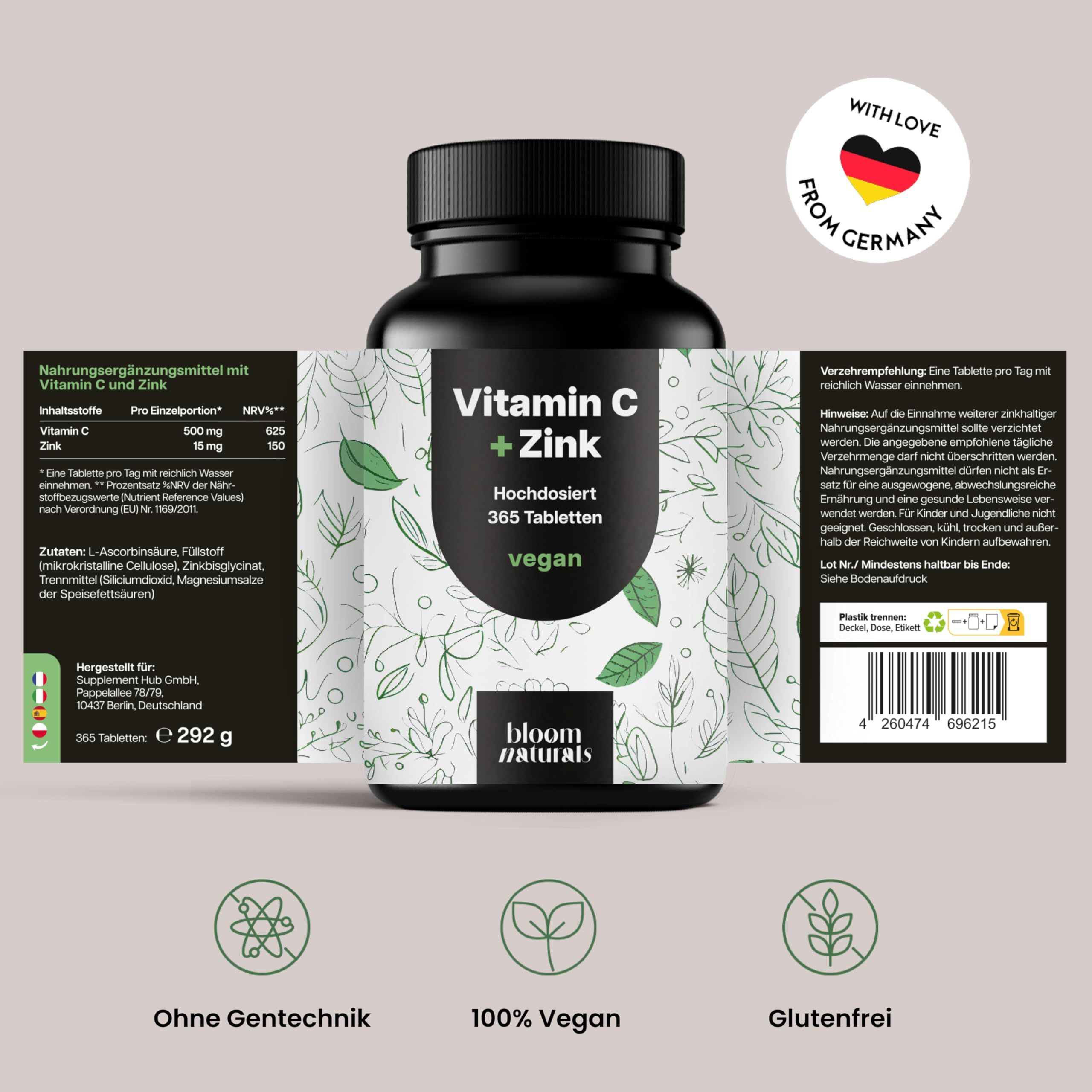 Flasche Vitamin C + Zink, 365 Tabletten, vegan. Mit Siegeln: Ohne Gentechnik, 100% Vegan, Glutenfrei.