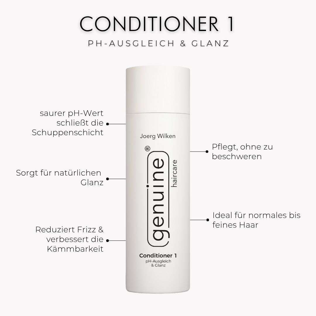 Weißes Produkt, beschriftet mit Conditioner 1, pH-Ausgleich & Glanz. Text: genuine haircare, Joerg Wilken.
