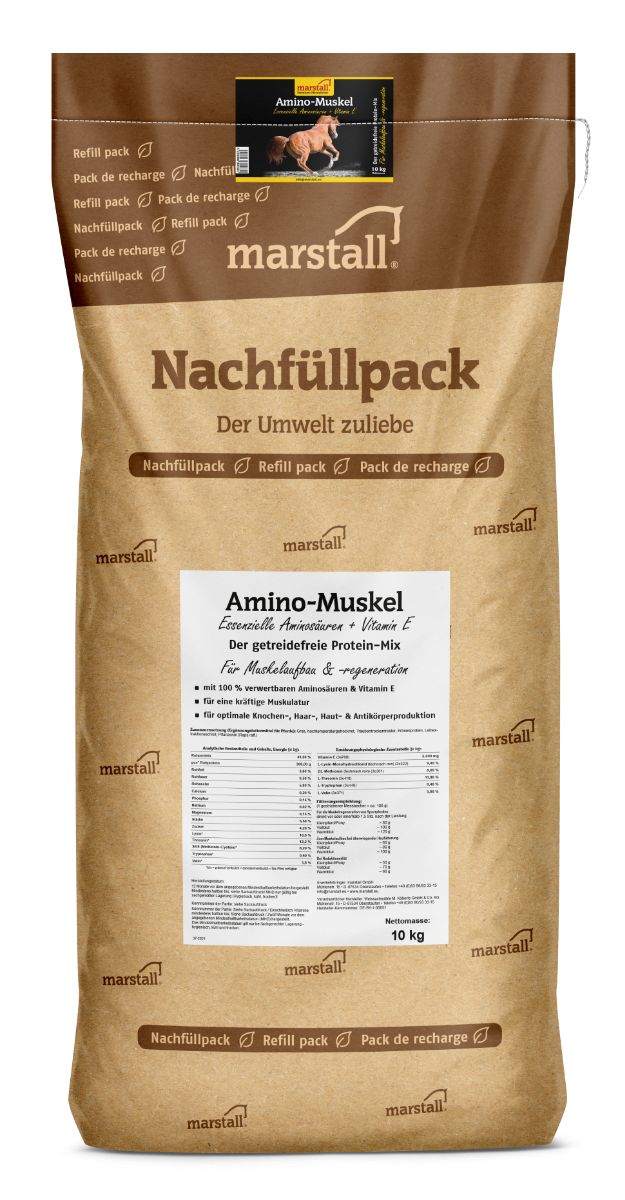 Braune Papiertüte mit Marstall-Logo und Produktbezeichnung "Amino-Muskel". Text in Deutsch. 10 kg.