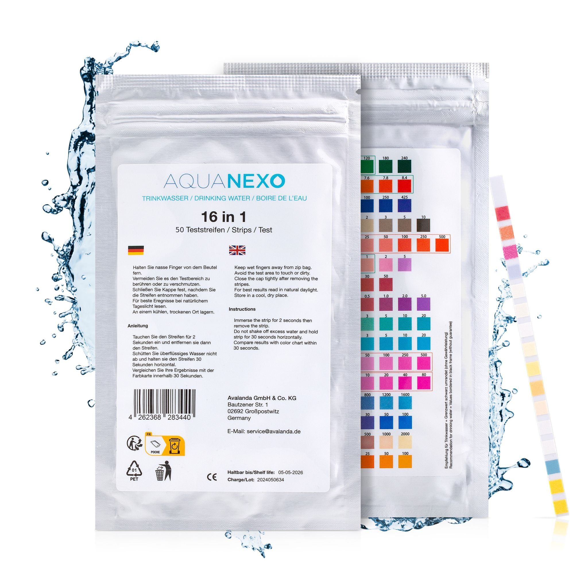 Aquanexo Trinkwasser Teststreifen: 50 Stück, 16 Werte, inklusive Anleitung und Farbskala.