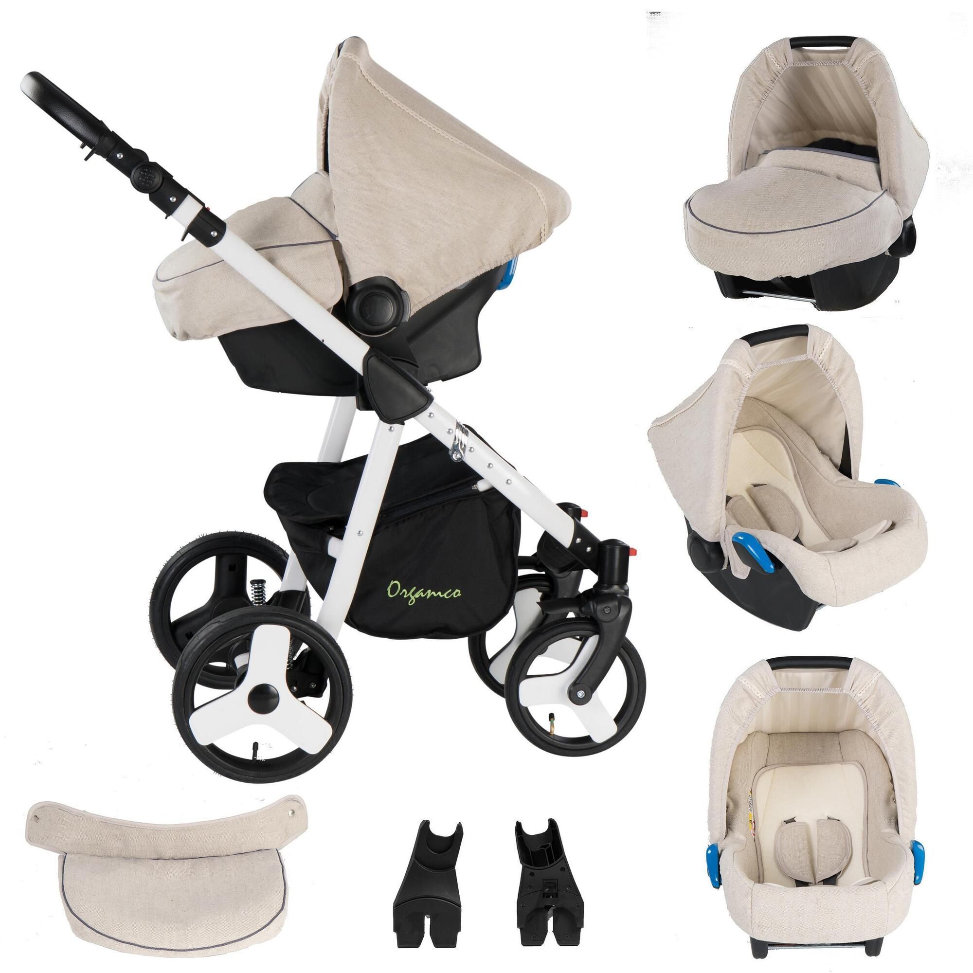 Friedrich Hugo Organico 3 in 1 Kinderwagen Set, Natureline Beige - Gestell Weiß
