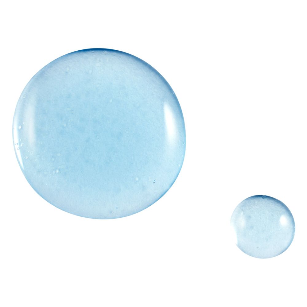 Zwei Tropfen blaues Serum auf weißem Hintergrund. Ein großer und ein kleiner Tropfen.