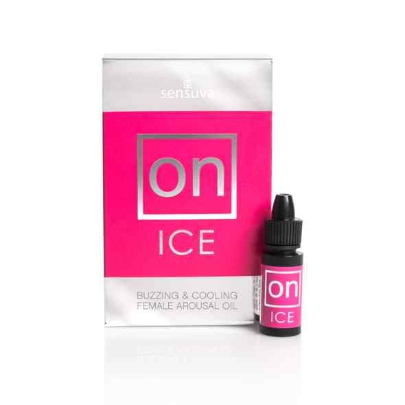 Rosa Verpackung mit "on ICE"-Logo und Fläschchen. Text: "Buzzing & Cooling Female Arousal Oil".