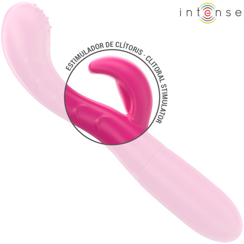 Pinkfarbener Vibrator mit stimulierender Zunge. Beschriftung: Klitoris-Stimulator. Marke: Intense.