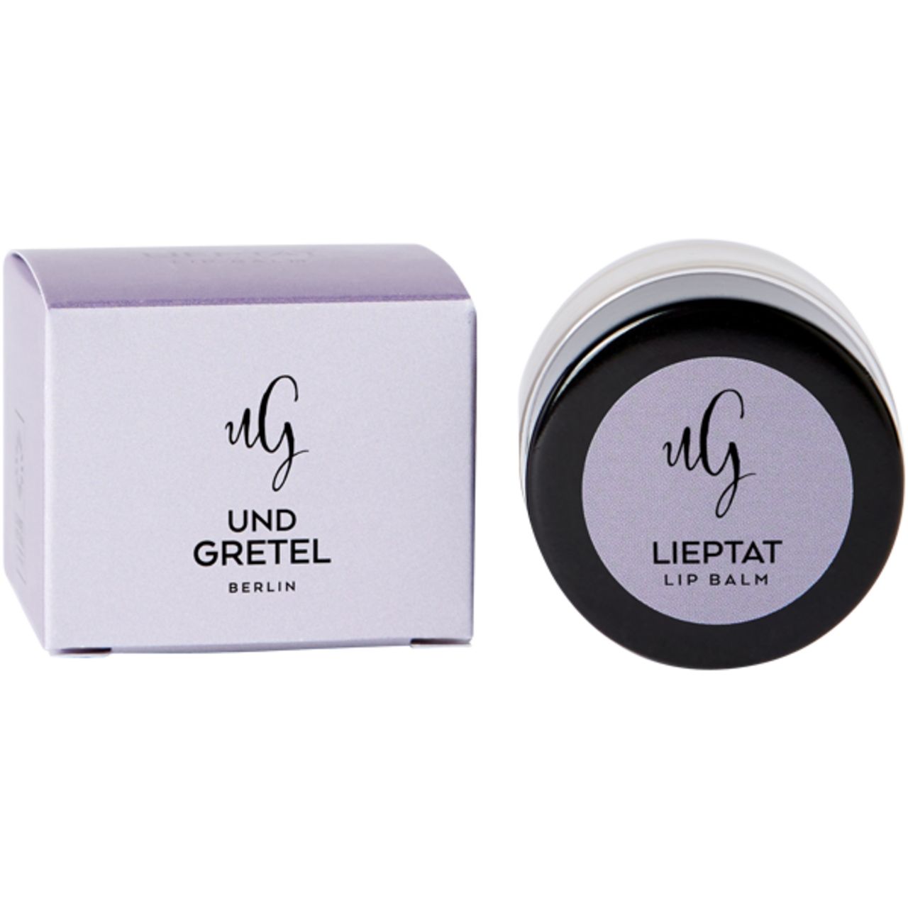 Lippenbalsam-Dose und Schachtel. Dose mit schwarzem Deckel, Aufschrift "LIEPTAT LIP BALM". Schachtel mit "UND GRETEL BERLIN".