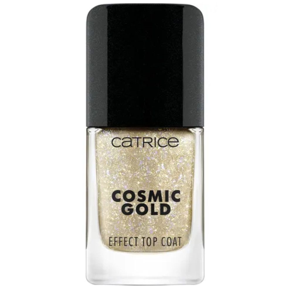 Nagellackflasche mit schwarzem Deckel. Aufschrift: Catrice, Cosmic Gold, Effect Top Coat. Goldfarbener Inhalt.
