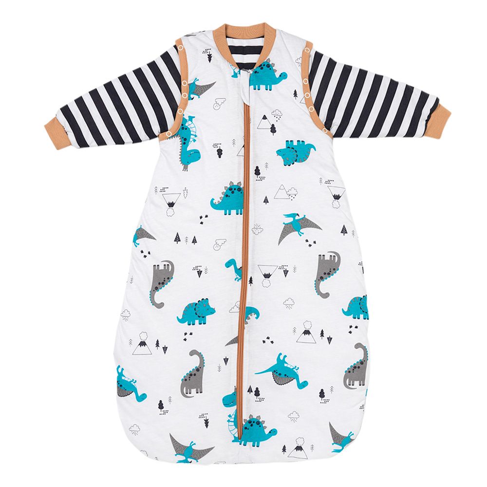 Baby-Schlafsack mit Dinosaurier-Muster, Reißverschluss, abnehmbare Ärmel, 2.5 Tog. Weiß mit blauen, grauen Dinosauriern und schwarzen Streifen.