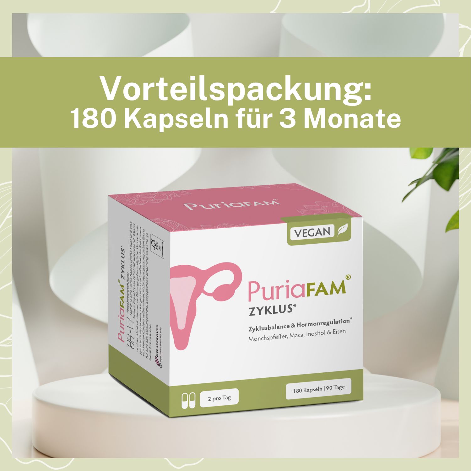 Produktverpackung von PuriaFAM Zyklus. Rosa-weiße Schachtel mit Produktnamen, Inhaltsstoffen und Vegan-Siegel. 180 Kapseln für 3 Monate.
