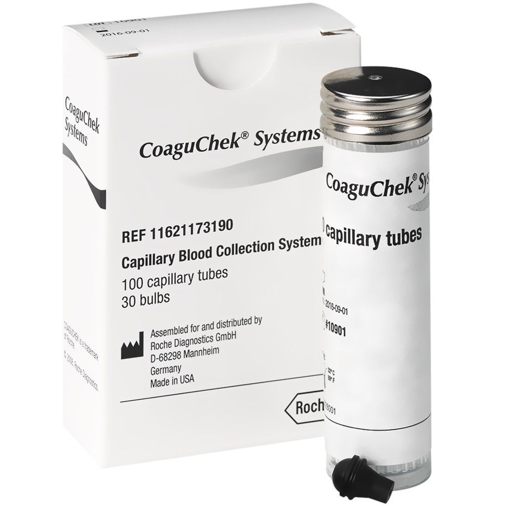 CoaguChek® Systems Kapillaren. Packung und Röhrchen. 100 Kapillarröhrchen, 30 Bulbs. Roche-Logo.