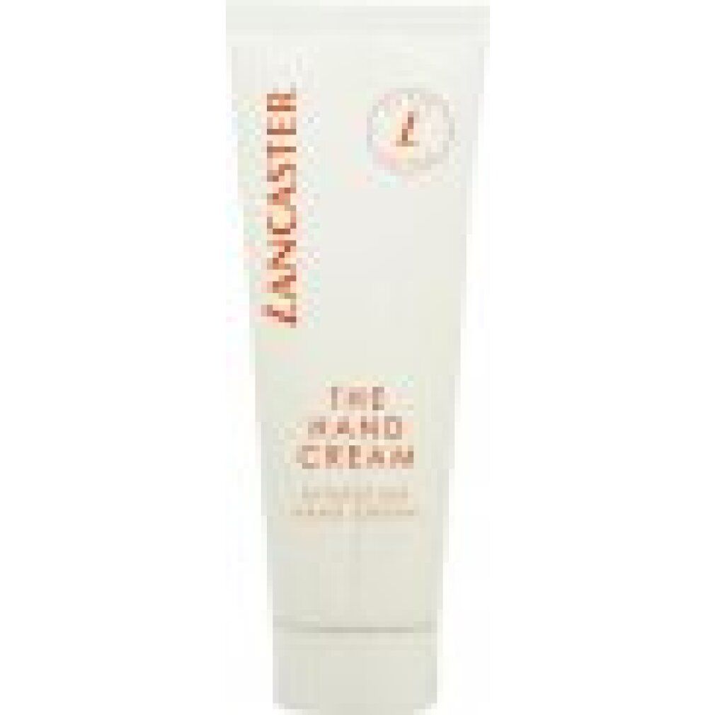 Weiße Tube mit "Lancaster The Hand Cream"-Aufdruck. Orangefarbene Schrift. Hydratisierende Handcreme.
