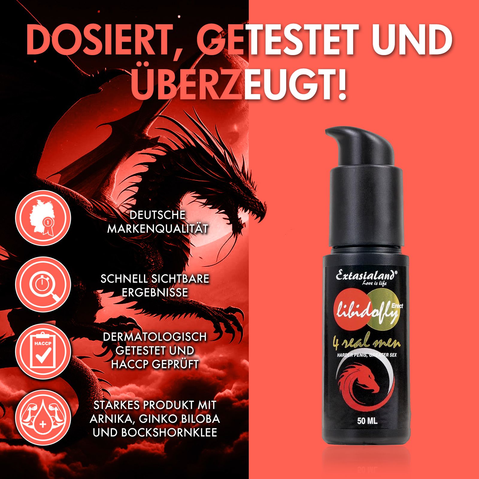 Produktflasche vor rotem Hintergrund mit Drachen. Text: Deutsche Markenqualität, dermatologisch getestet, etc.