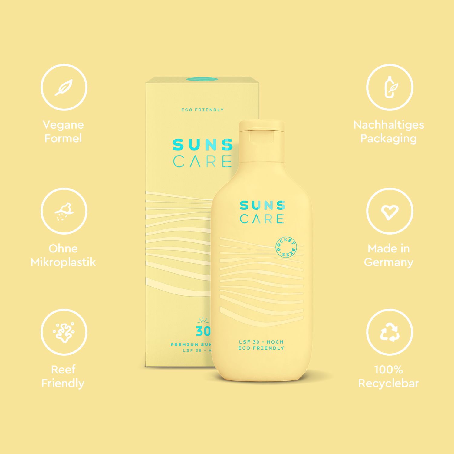 Gelbe SUNS CARE-Flasche und Verpackung. Logos: Vegane Formel, nachhaltige Verpackung, ohne Mikroplastik, Made in Germany.