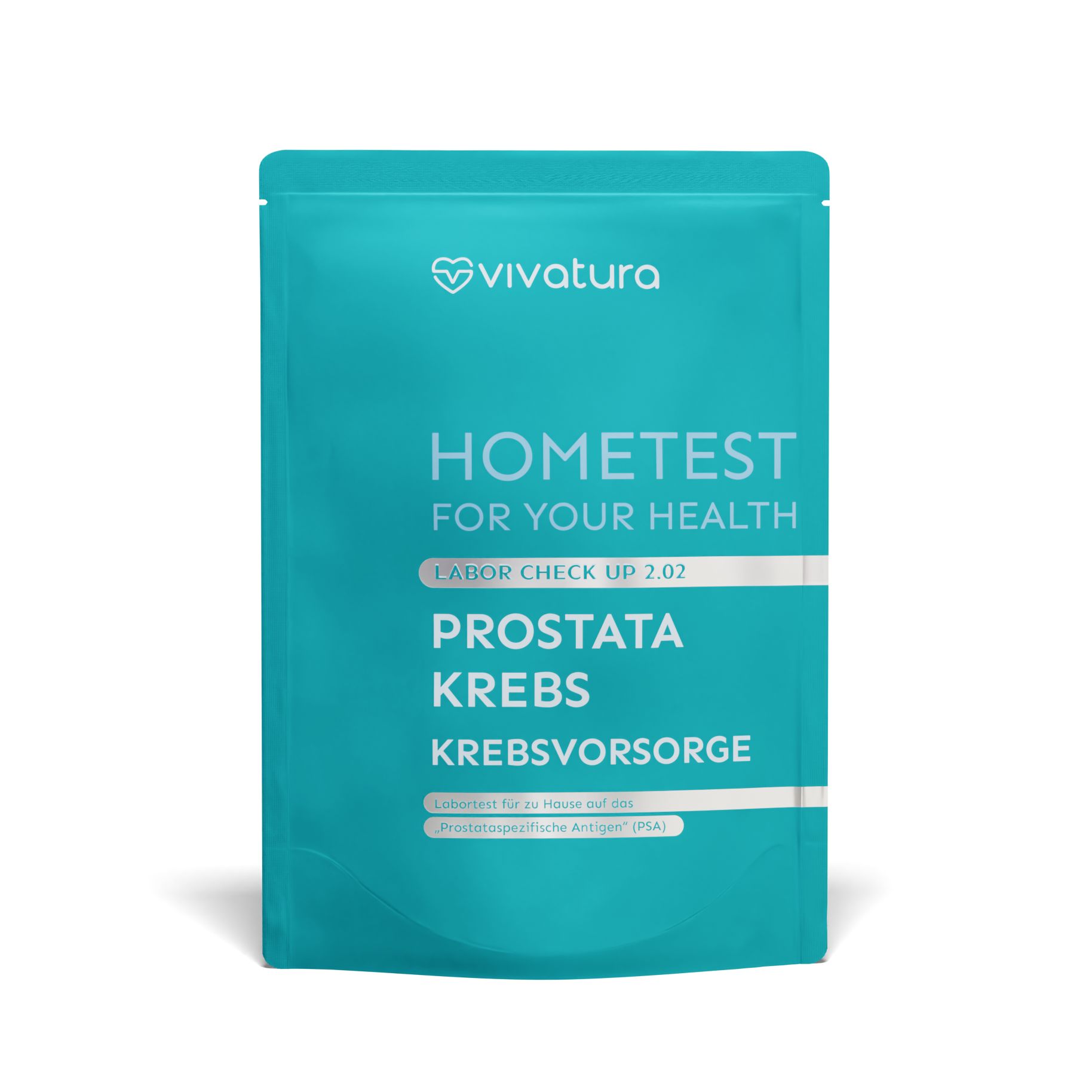 Türkisgrüne Verpackung mit vivatura Logo und Text: HOMETEST, PROSTATA KREBS VORSORGE. Labor Check Up 2.07.