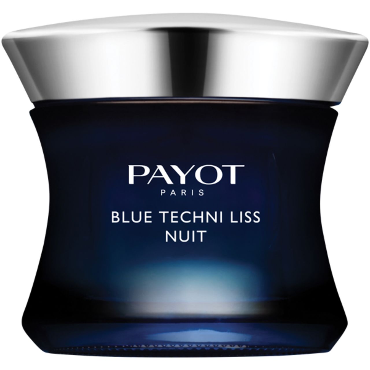 Dunkelblaue Creme-Dose mit silbernem Deckel. Aufschrift: PAYOT PARIS, BLUE TECHN LISS NUIT.