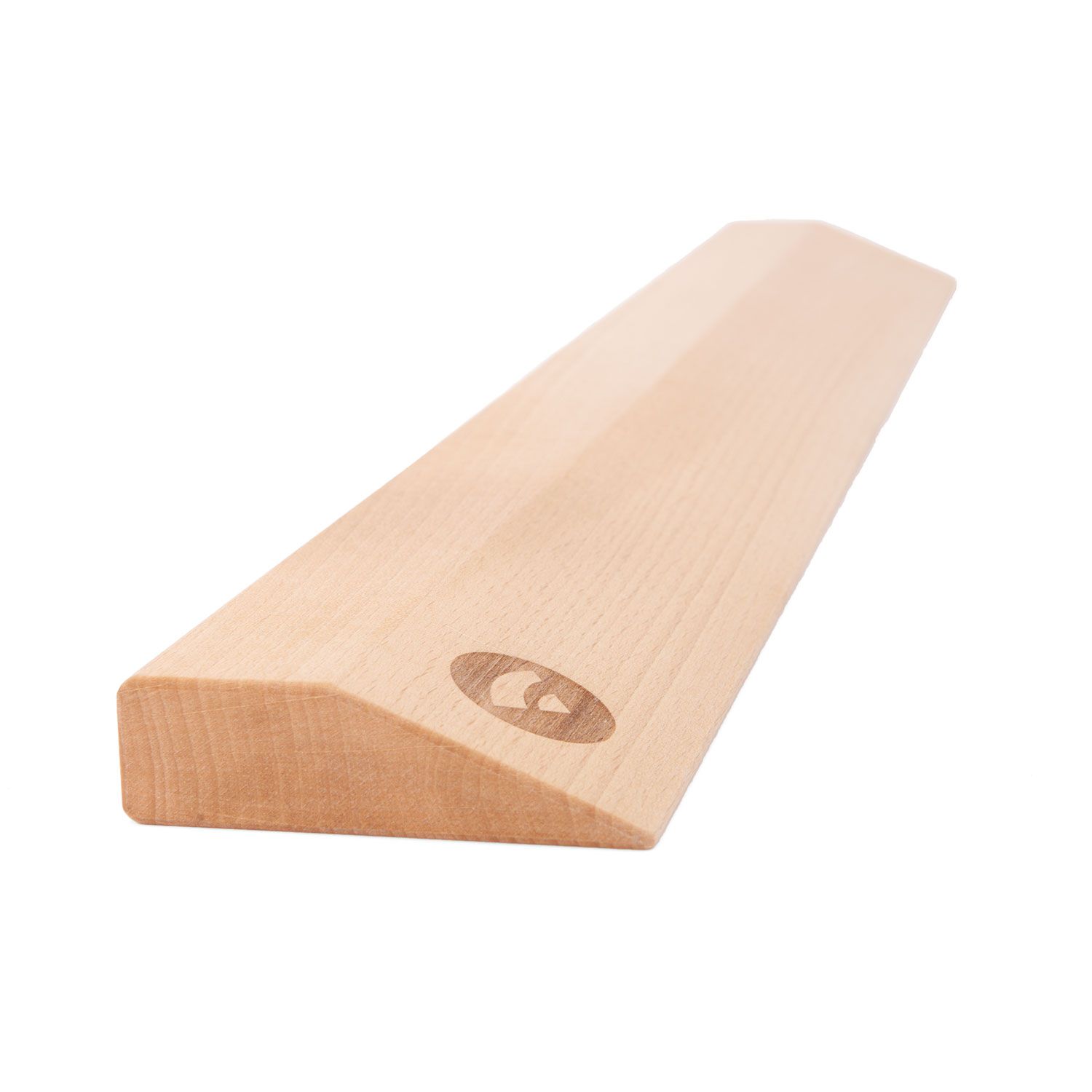 Holz-Handstandplanke mit abgeschrägten Kanten und Logo. Hellbraunes Holz, rechteckige Form.