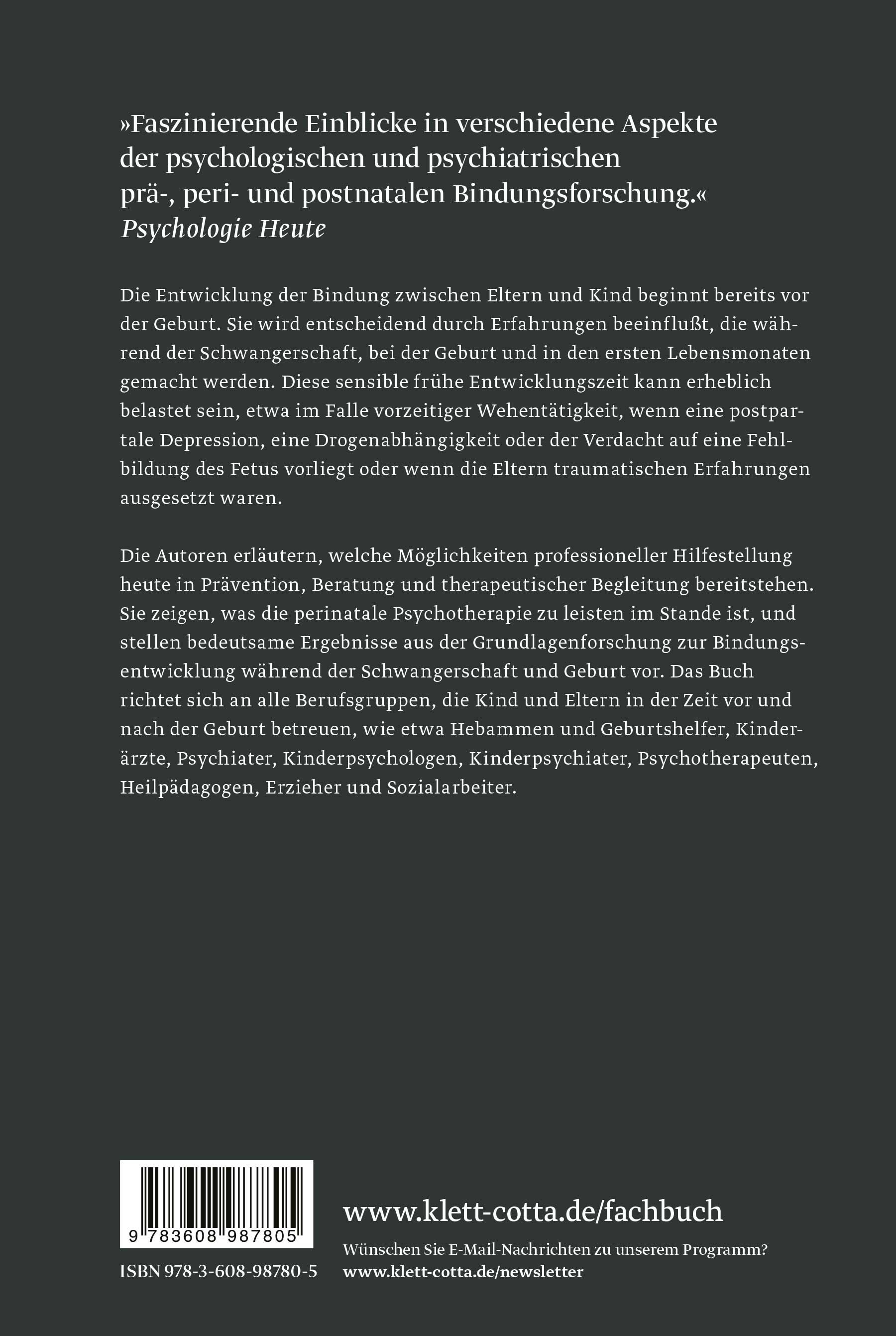 Buchrückseite mit Text. Titel: „Die Anfänge der Eltern-Kind-Bindung“. ISBN, Verlag, und Website-Informationen.
