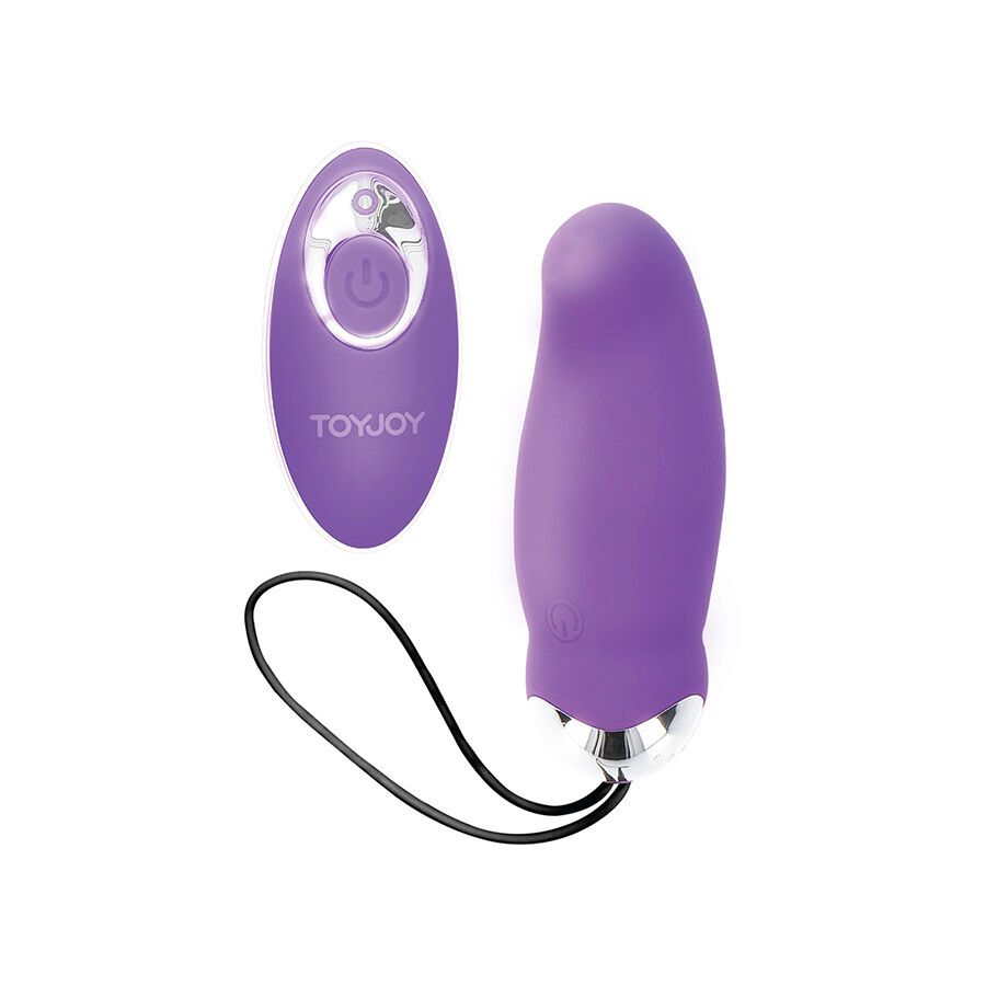 Lila Vibrator und Fernbedienung. Fernbedienung mit 'TOYJOY'-Logo. Schwarze Schlaufe.